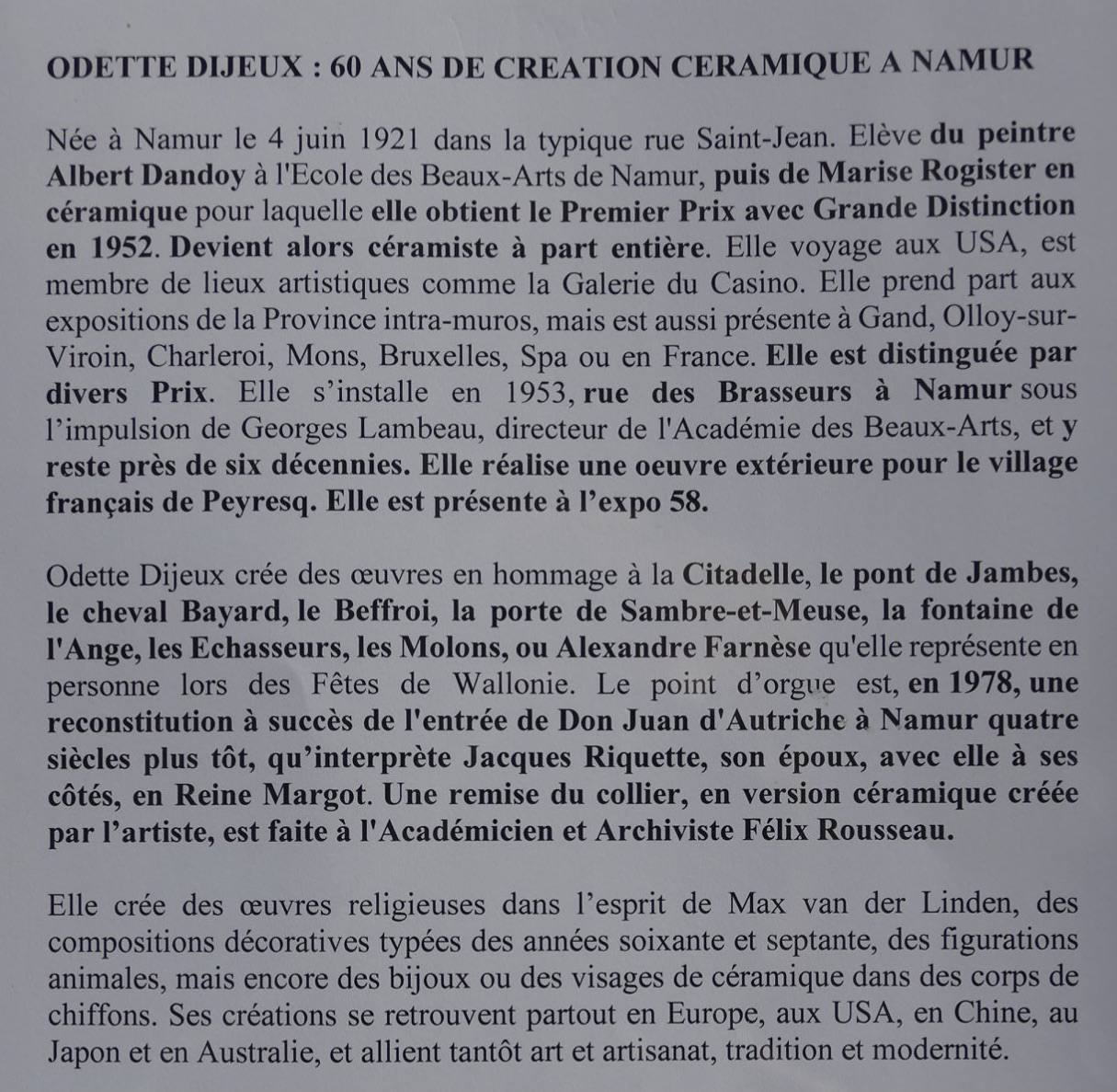 Plaque céramique de Namur, Odette Dijeux VENDU – Image 3