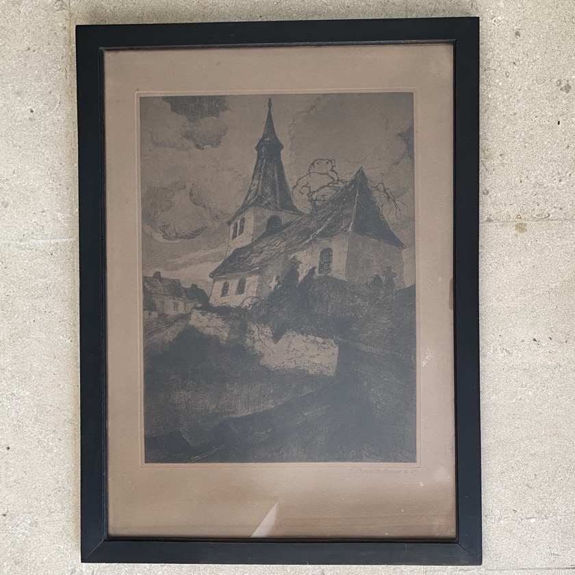 Gravure "L'église d'Attert", Camille Barthélémy 1923