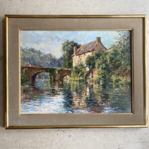 Peinture sur toile, Paysage avec cours d'eau et pont, Yvette Lichtfus