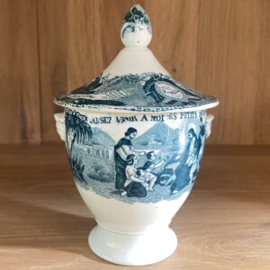 Sucrier en faïence fine, Scènes religieuses, Nimy 19è siècle