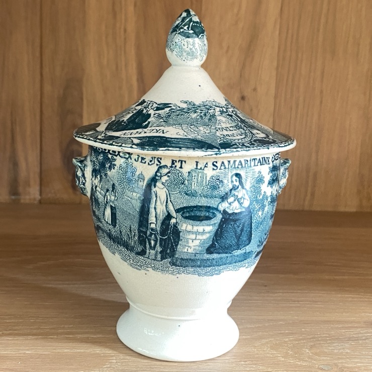 Sucrier en faïence fine, Scènes religieuses, Nimy 19è siècle – Image 2