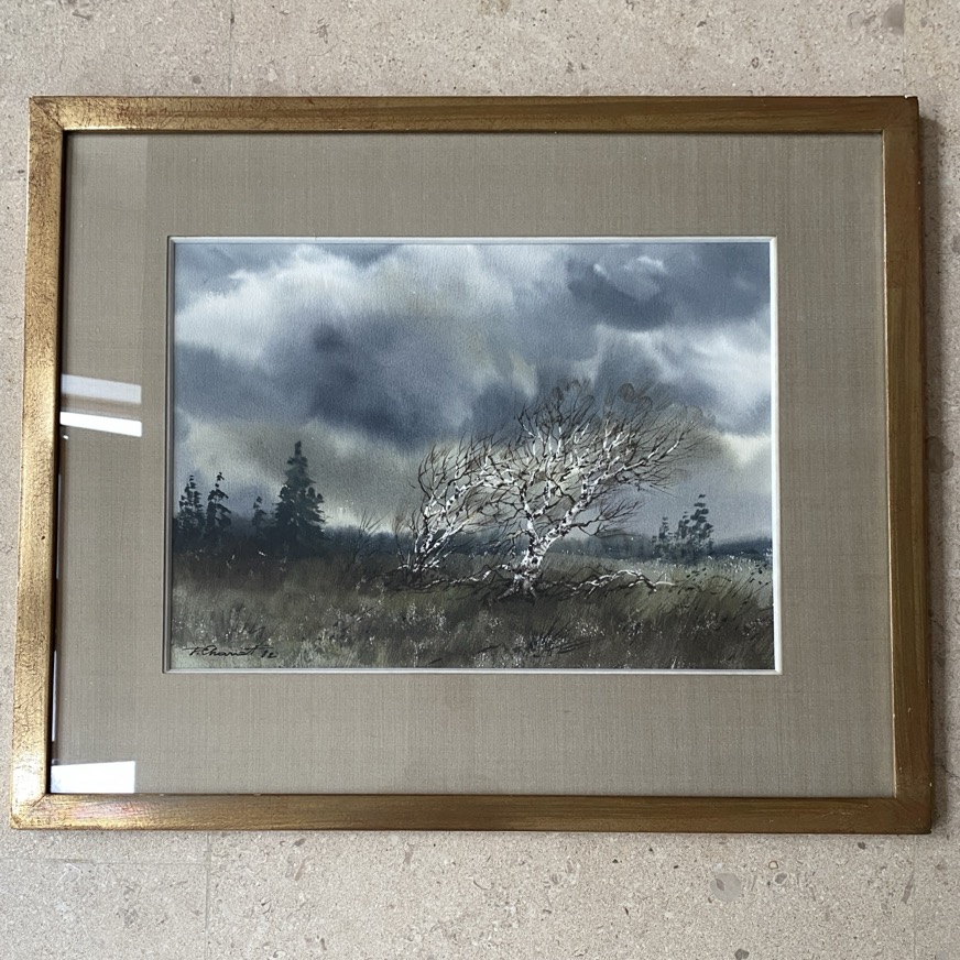 Aquarelle "Vieux bouleaux dans le vent", Pierre Chariot 1982