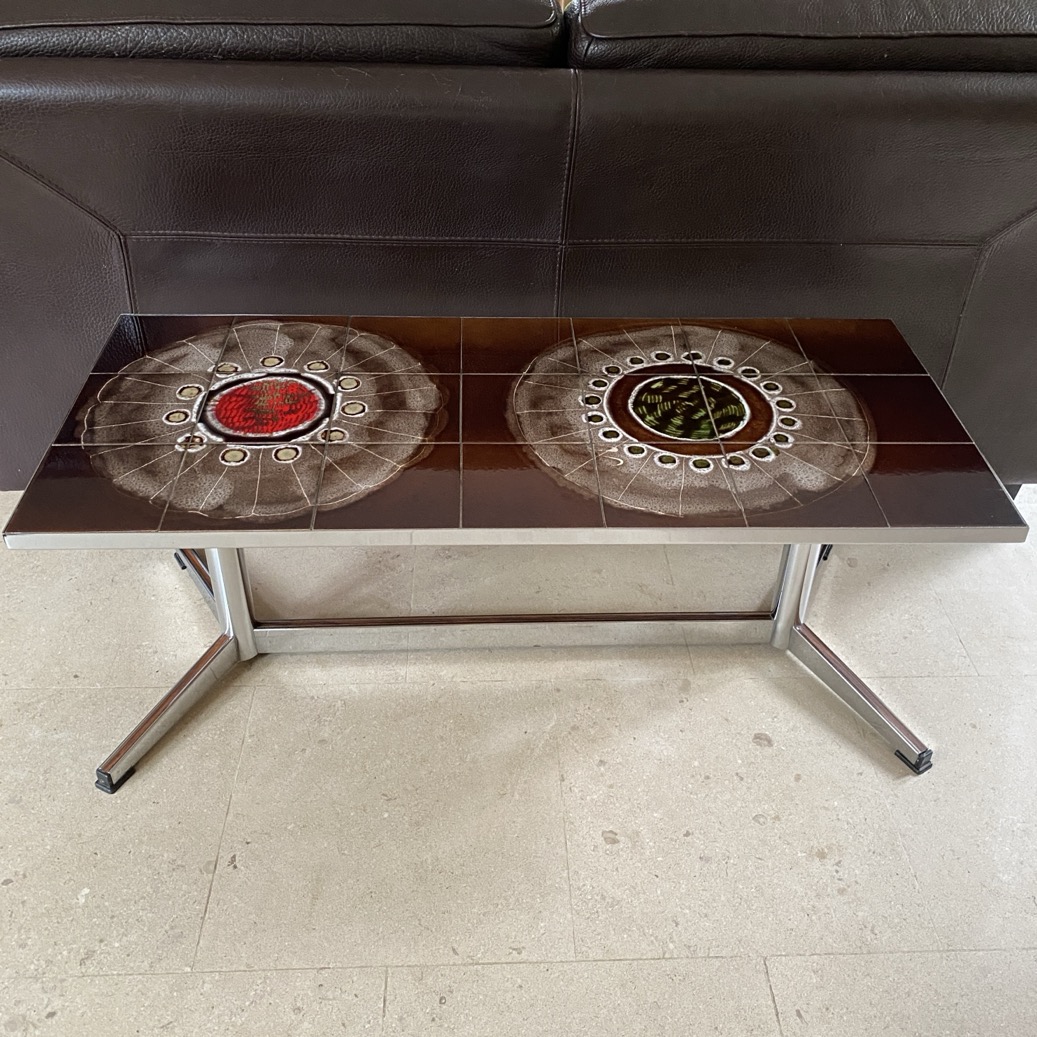 Table basse chrome et céramique, Belarti, Space Age vintage